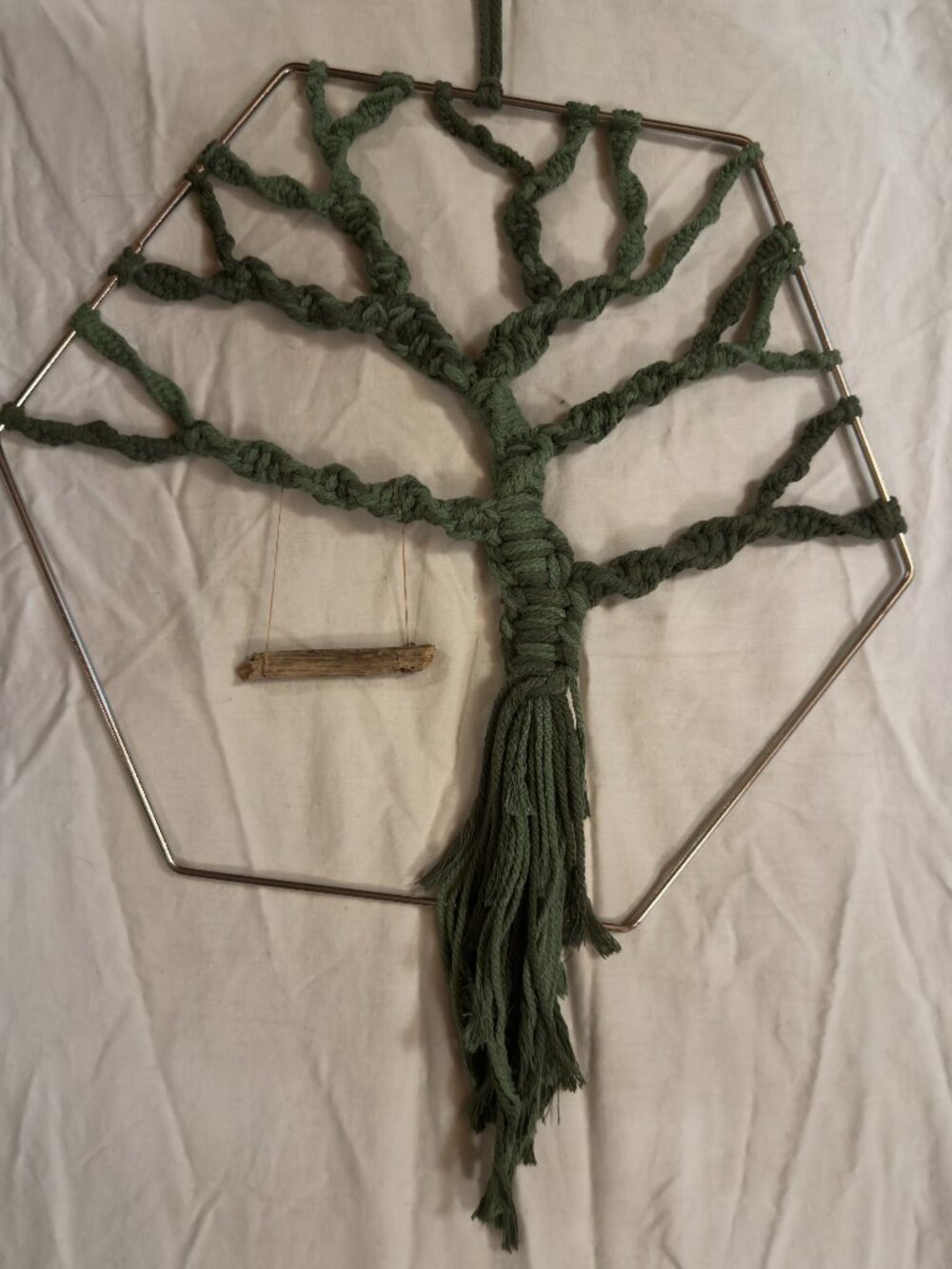 12" Gold Hexagon Ring Boho Macrame Green Tree of Life with Wood Swing